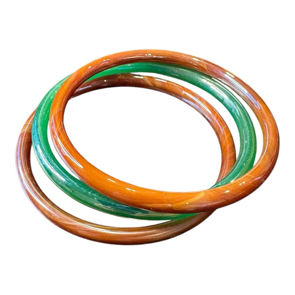 Set of 3 Green and Brown Glass Bangles Vintage Look NWOT J15